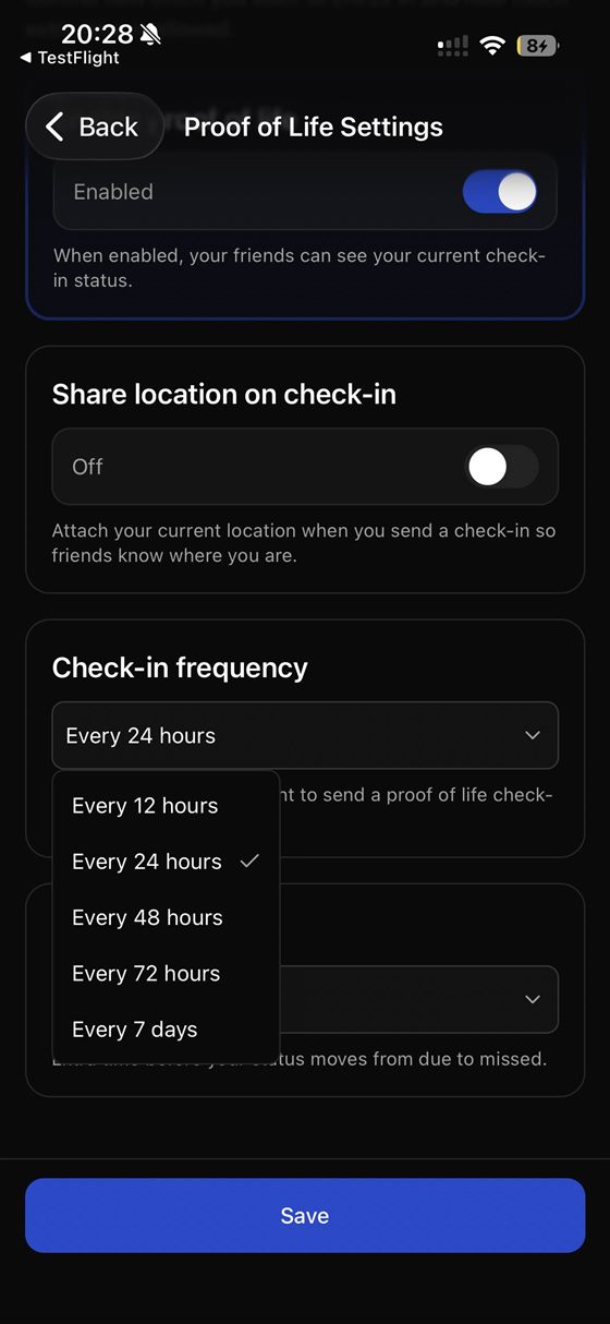 Proof of Life settings showing check-in frequency options